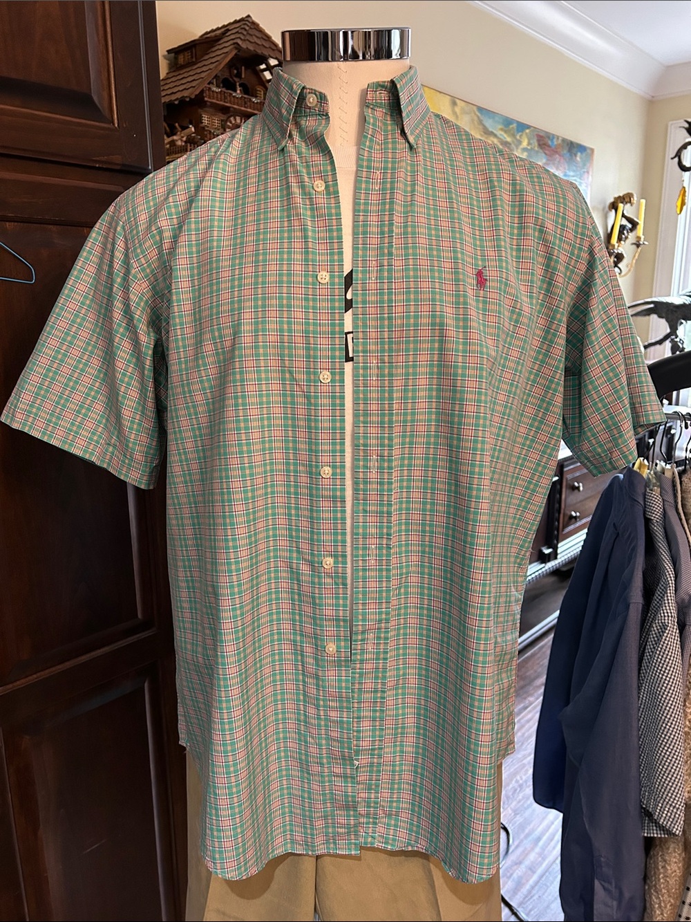 Ralph Lauren Sz L Pink & Green Plaid Short-Sleeve Classic Fit Button-Down Shirt